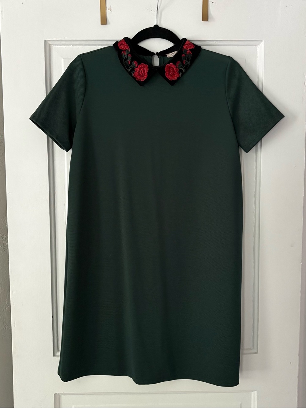Zara Embroidered Collar Short Sleeve Green Dress Size M